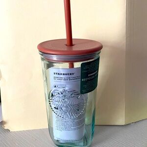 Starbucks Triangle Glass Tumbler with Terracotta Straw and Lid.